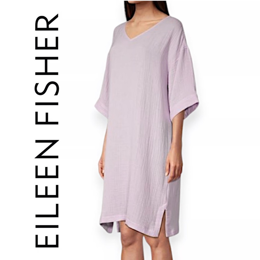 Eileen Fisher Dress Organic Cotton Gauze V-Neck 3/4 Sleeve in Malow Size M NWT